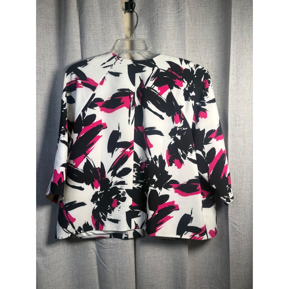 Kasper Womens Floral Open Front Blazer Pink Black White Size 14 3/4 Sleeve